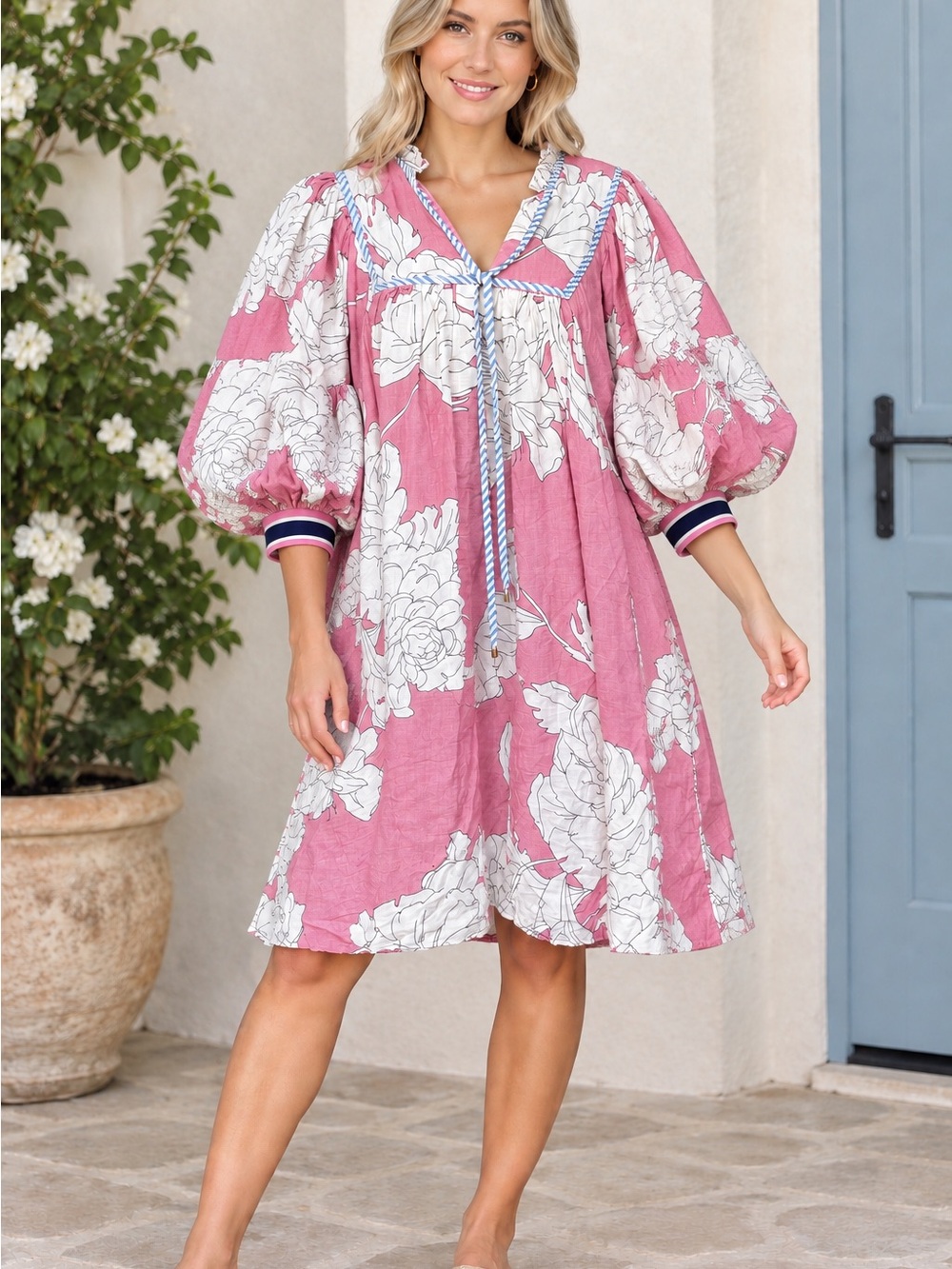 entro Pink and White Floral Midi Dress with Rope Tie